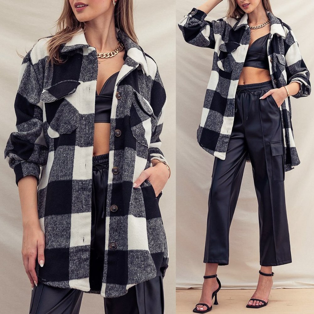NEW Black White Brushed Buffalo Plaid Longline Oversized Shirt Jacket Shackets